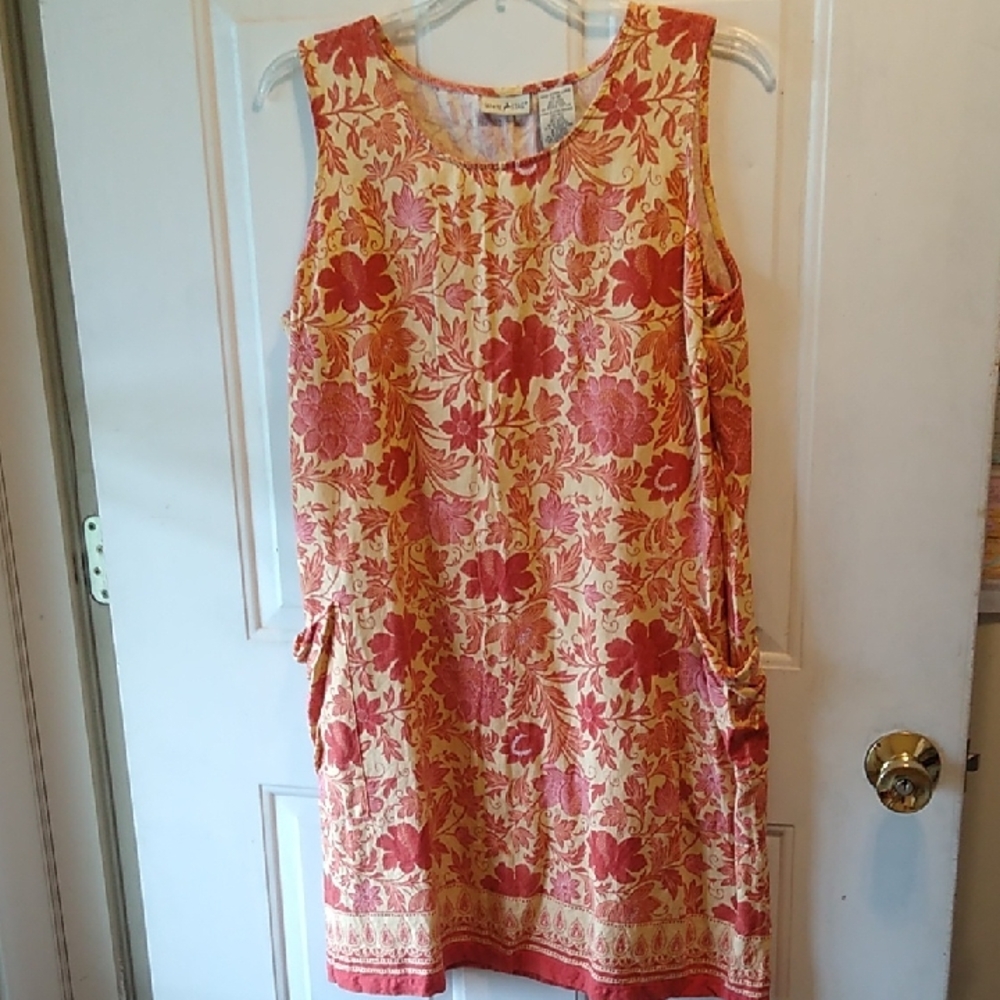 White Stag Linen/Rayon Blend Floral Sleeveless Dress - Red and Cream